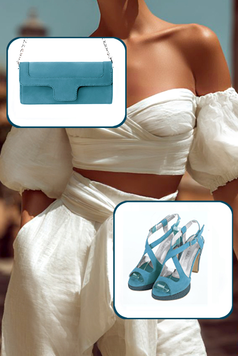 Women's peacock blue elegant cross straps sandals. Round toe. High slim heel with a platform at the front - Worn view